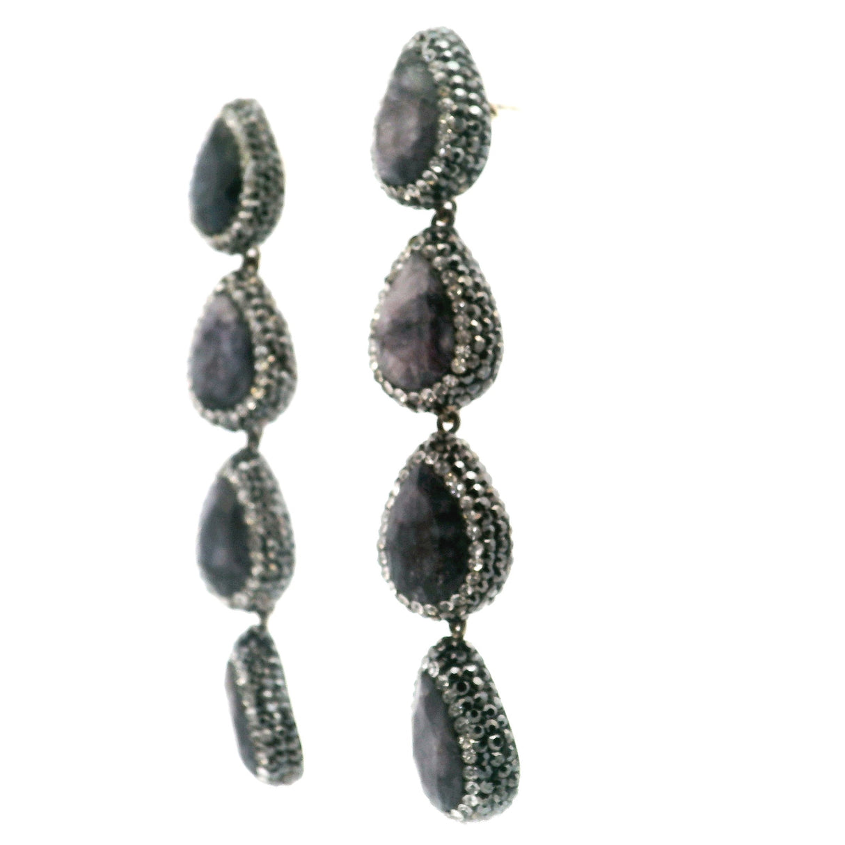 Blue Sapphire Earrings - 4 Pears In Marcasite & Silver