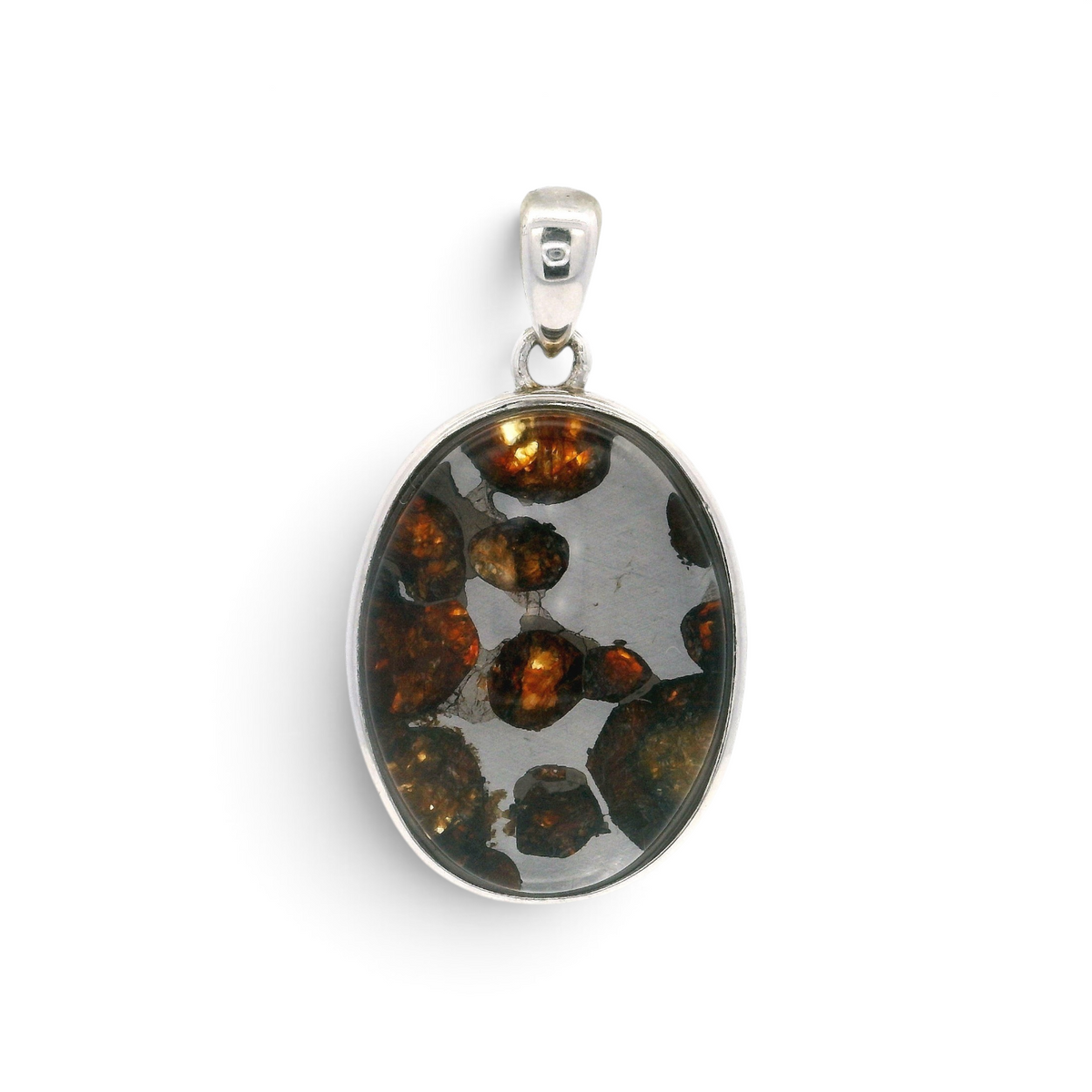 Sericho pallasite meteorite oval pendant with amber olivine crystals in silver matrix