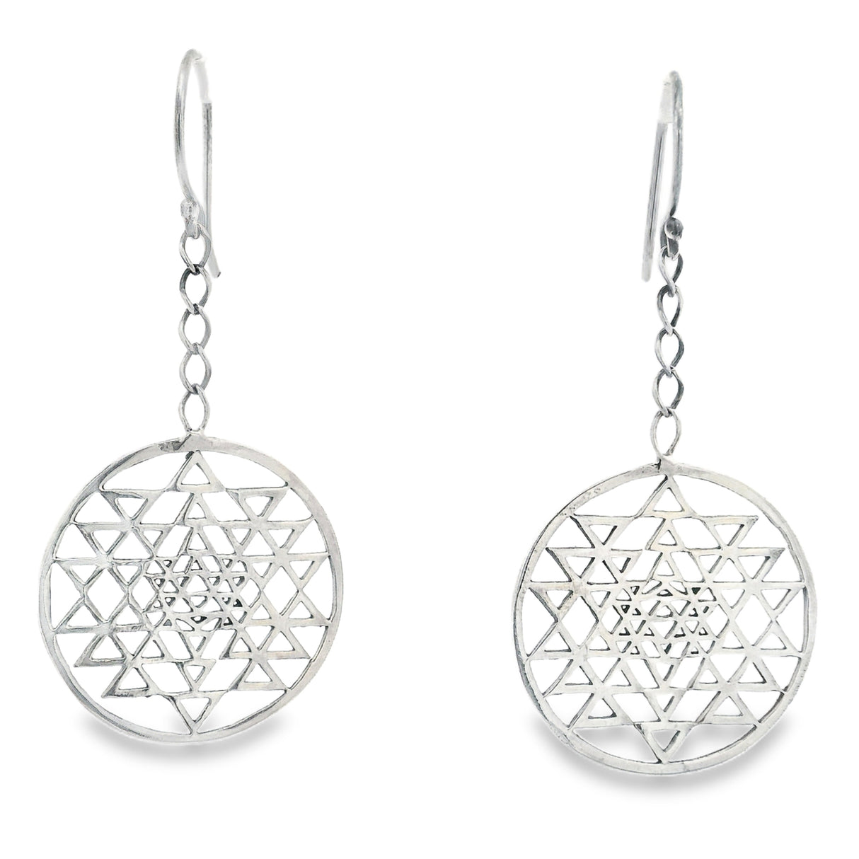 Sterling silver Sri Yantra sacred geometry dangle earrings with openwork triangle mandala on chains