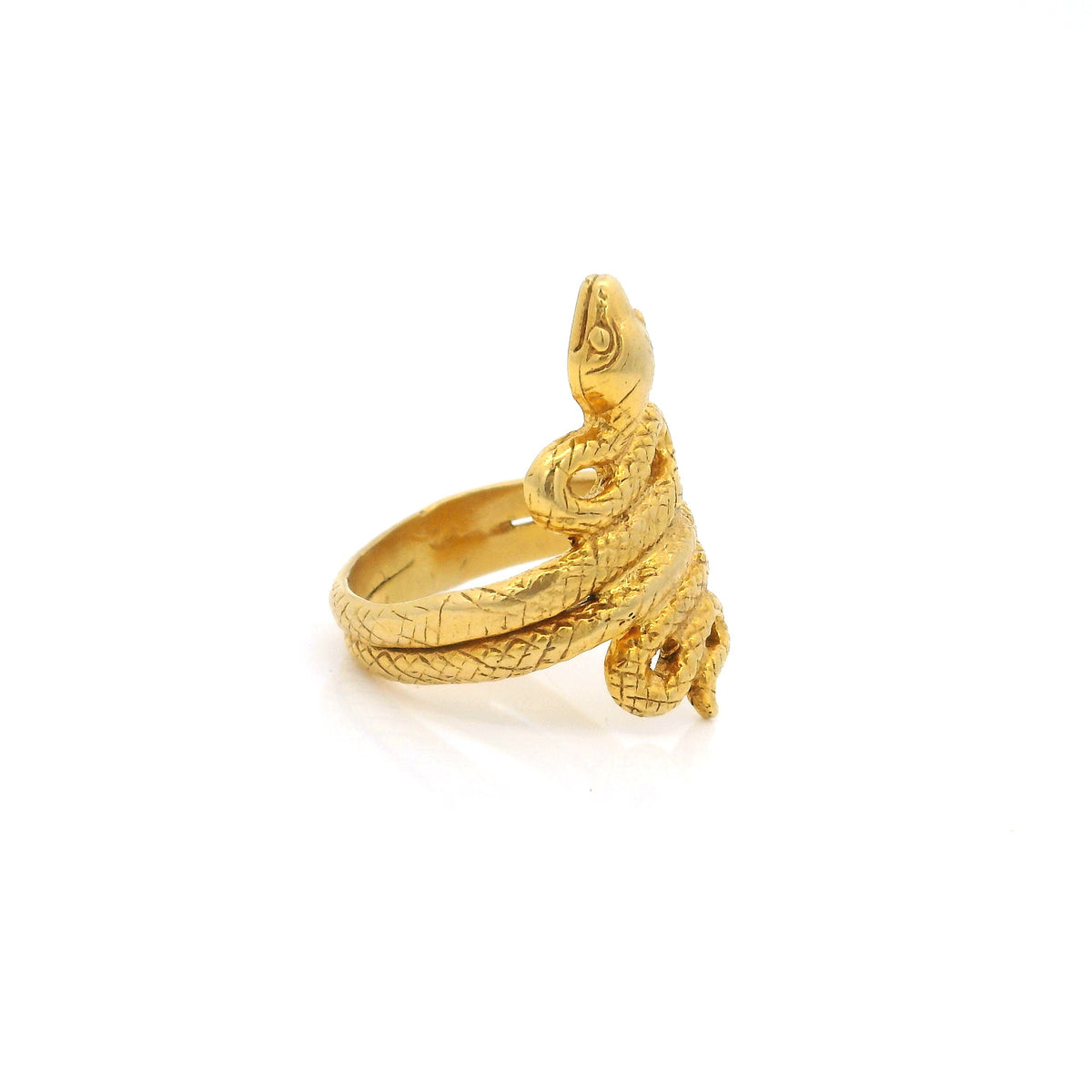 Gold vermeil ready-to-strike snake ring, side profile with scaled double band