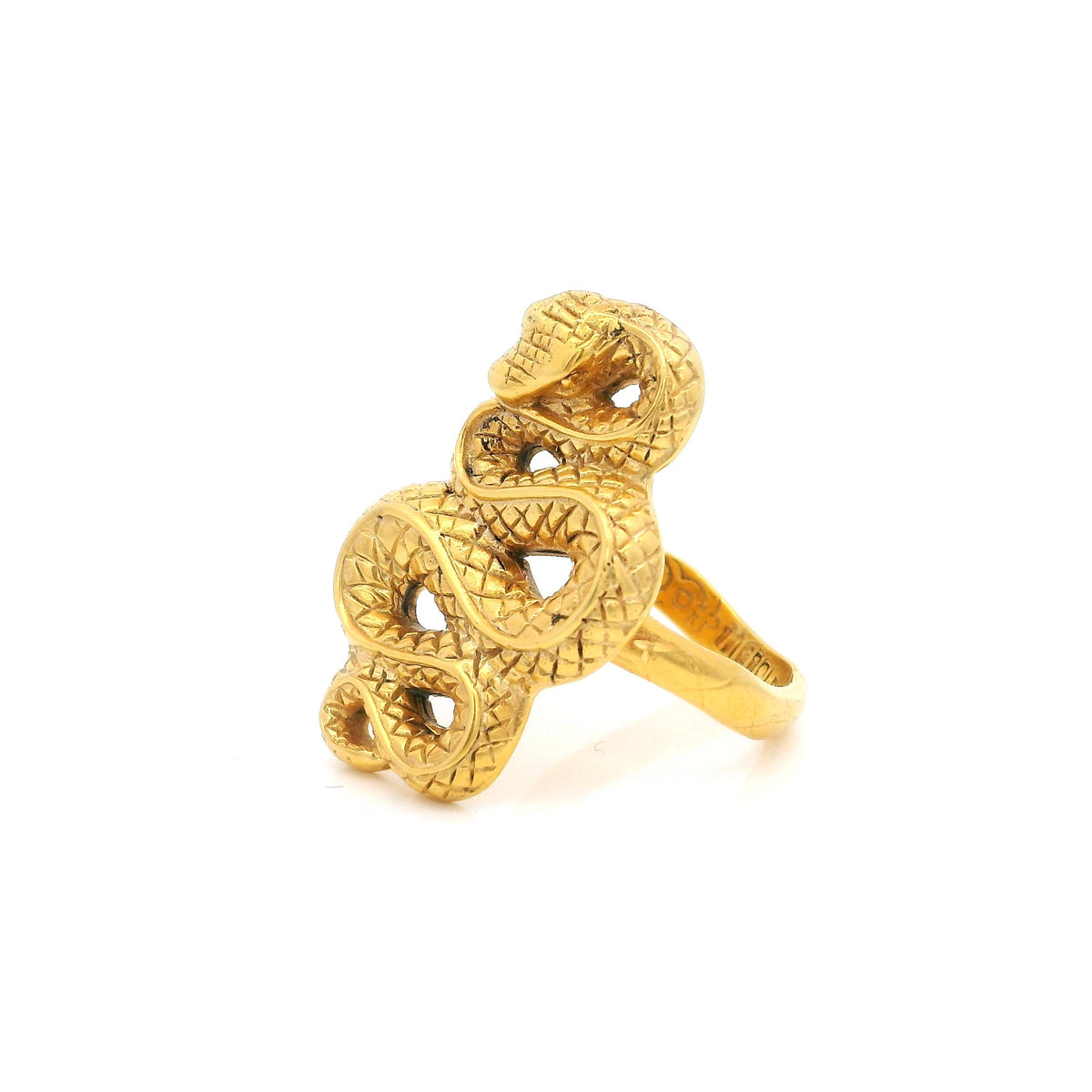 Gold vermeil snake ring with serpentine openwork coils, three-quarter view showing sterling silver band