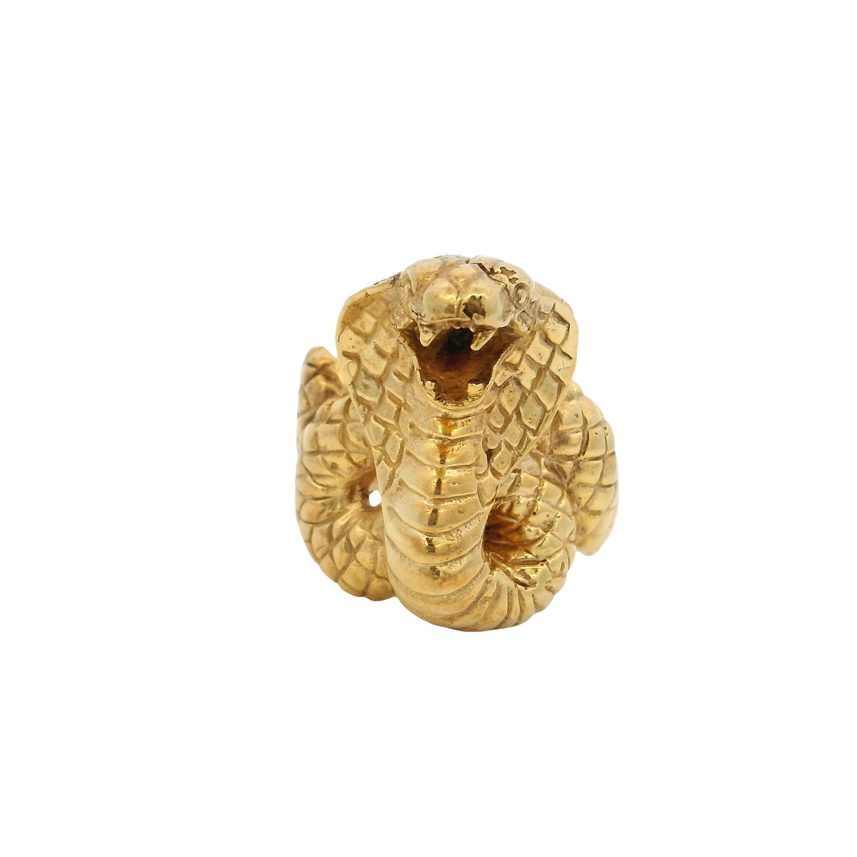 Gold vermeil cobra ring facing forward with flared hood and open mouth on wavy band