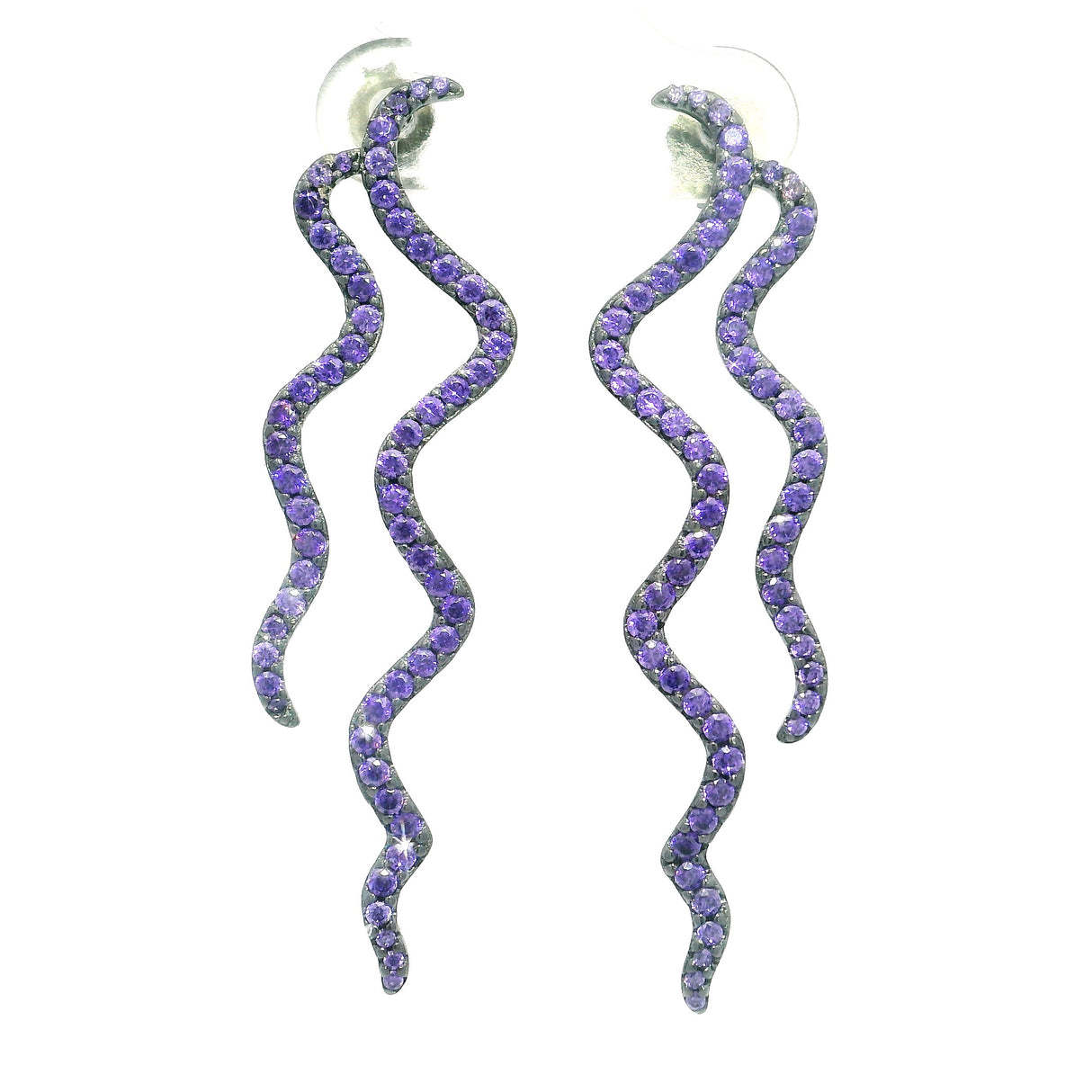 Swarovski Crystal Dangle Earrings - 2 Squiggly Lines Set With Violet Swarovski Crystals - Black Rhodium Plated