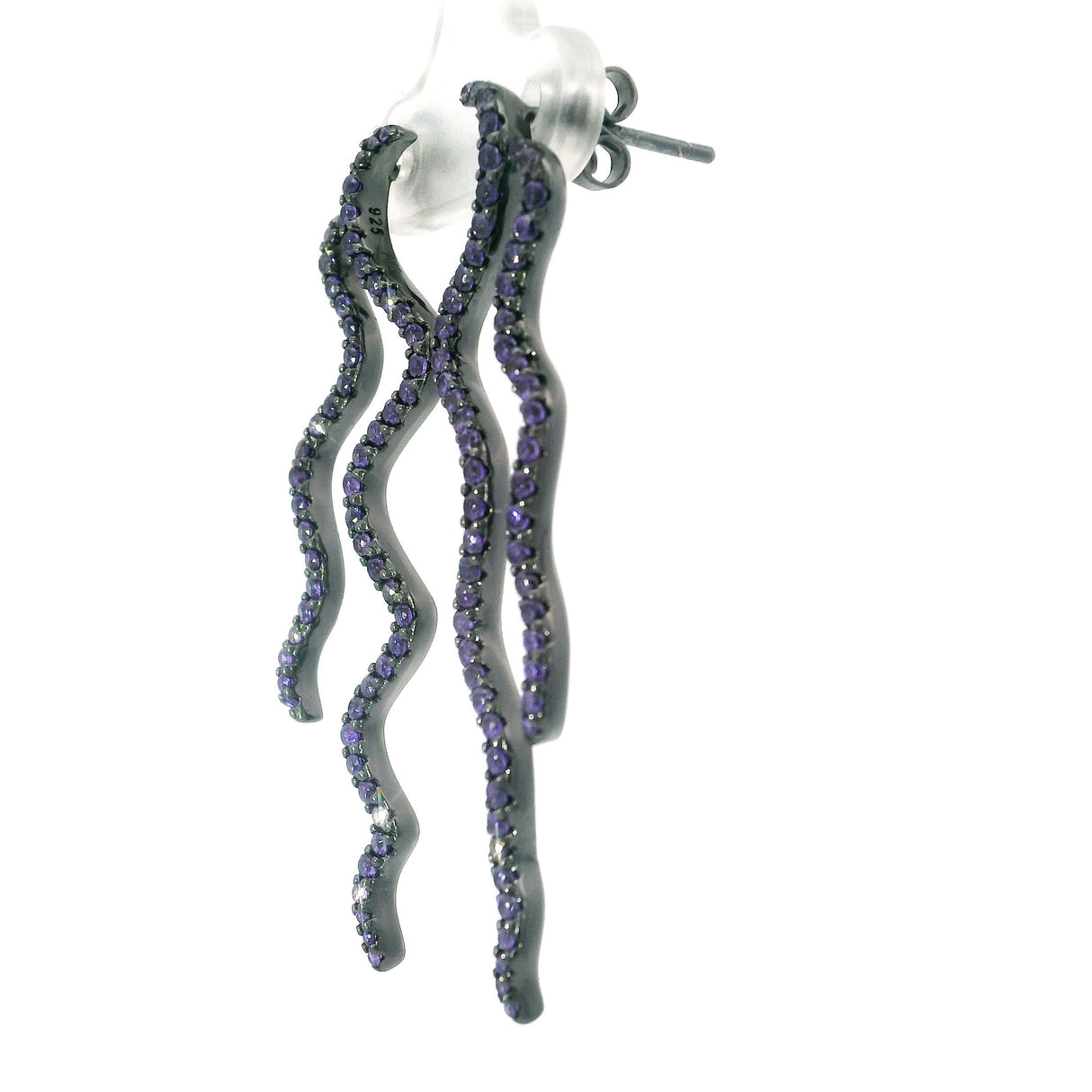 Swarovski Crystal Dangle Earrings - 2 Squiggly Lines Set With Violet Swarovski Crystals - Black Rhodium Plated