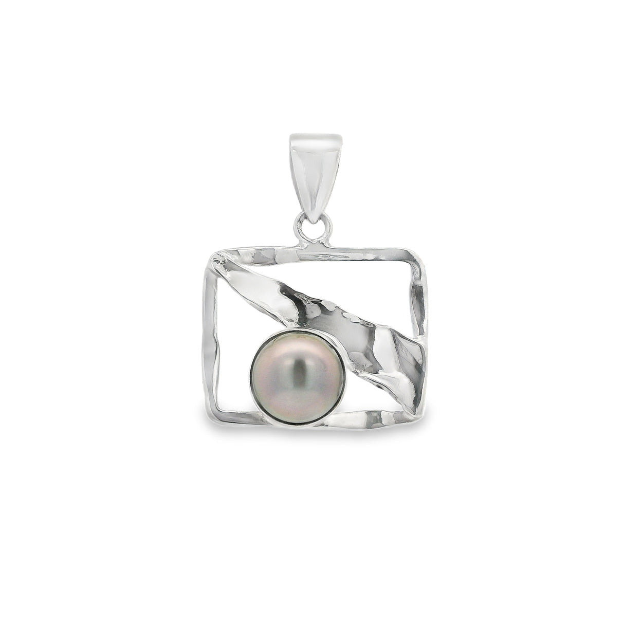 Pendentif perle de Tahiti - Rond gris-bleu sur rectangle en argent martelé