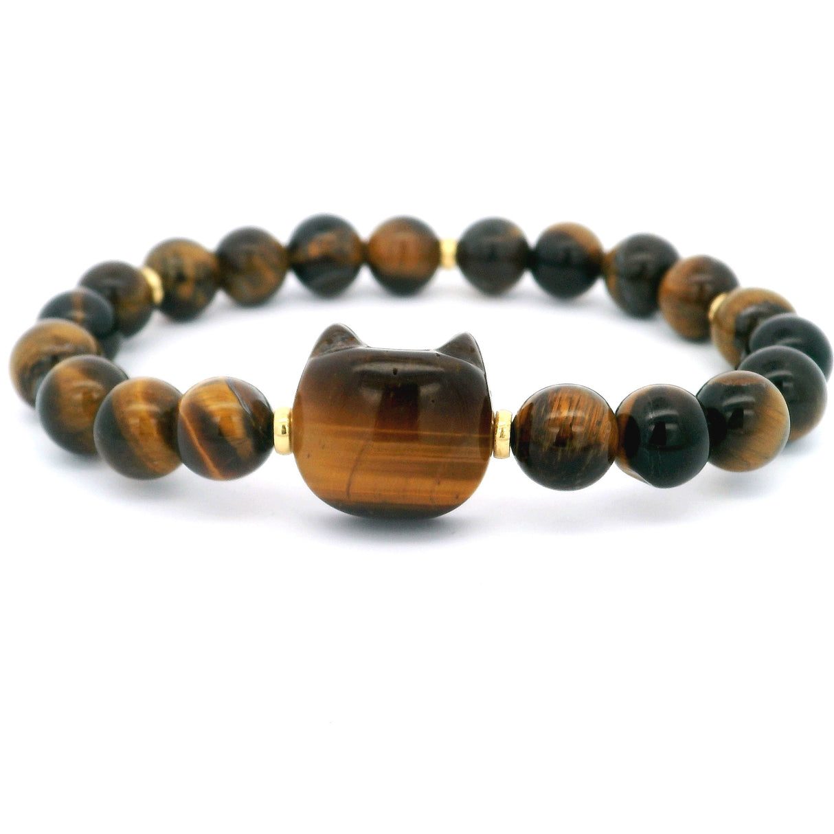 Cat Face Carved Bead & 8mm Rounds Beaded Bracelet with Gold Spacers