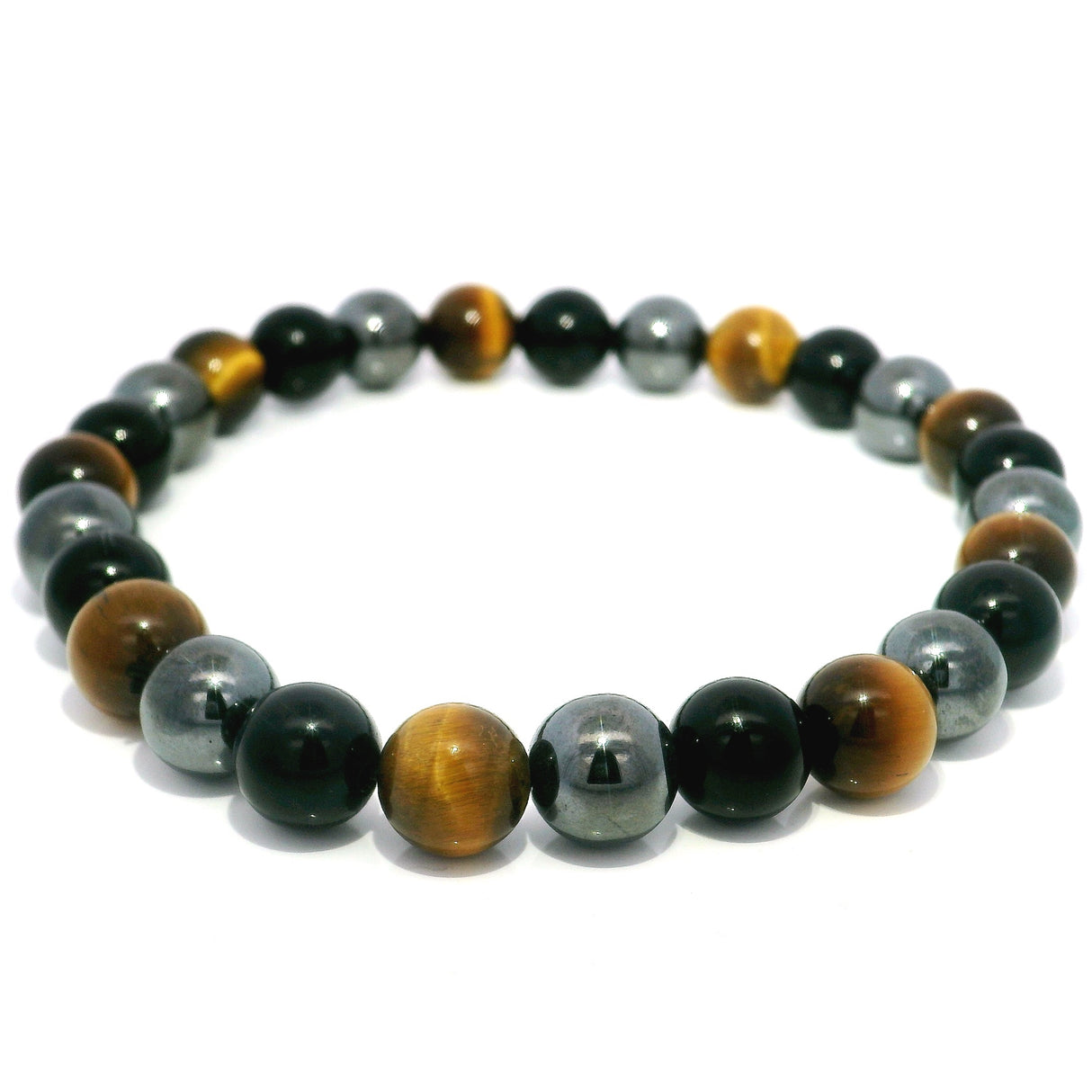 Tri-Color Beaded Bracelet with Yellow Tigers Eye, Hematite and Black Obsidian 8mm Rounds - Large