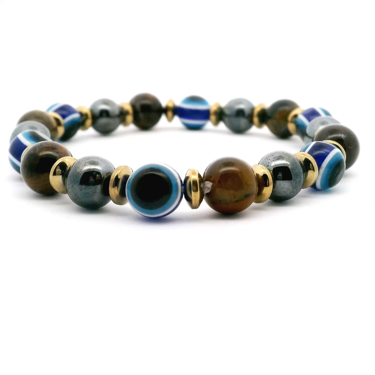 Tigers Eye & Hematite Navy Evil Eye Beaded Bracelet 8mm Rounds