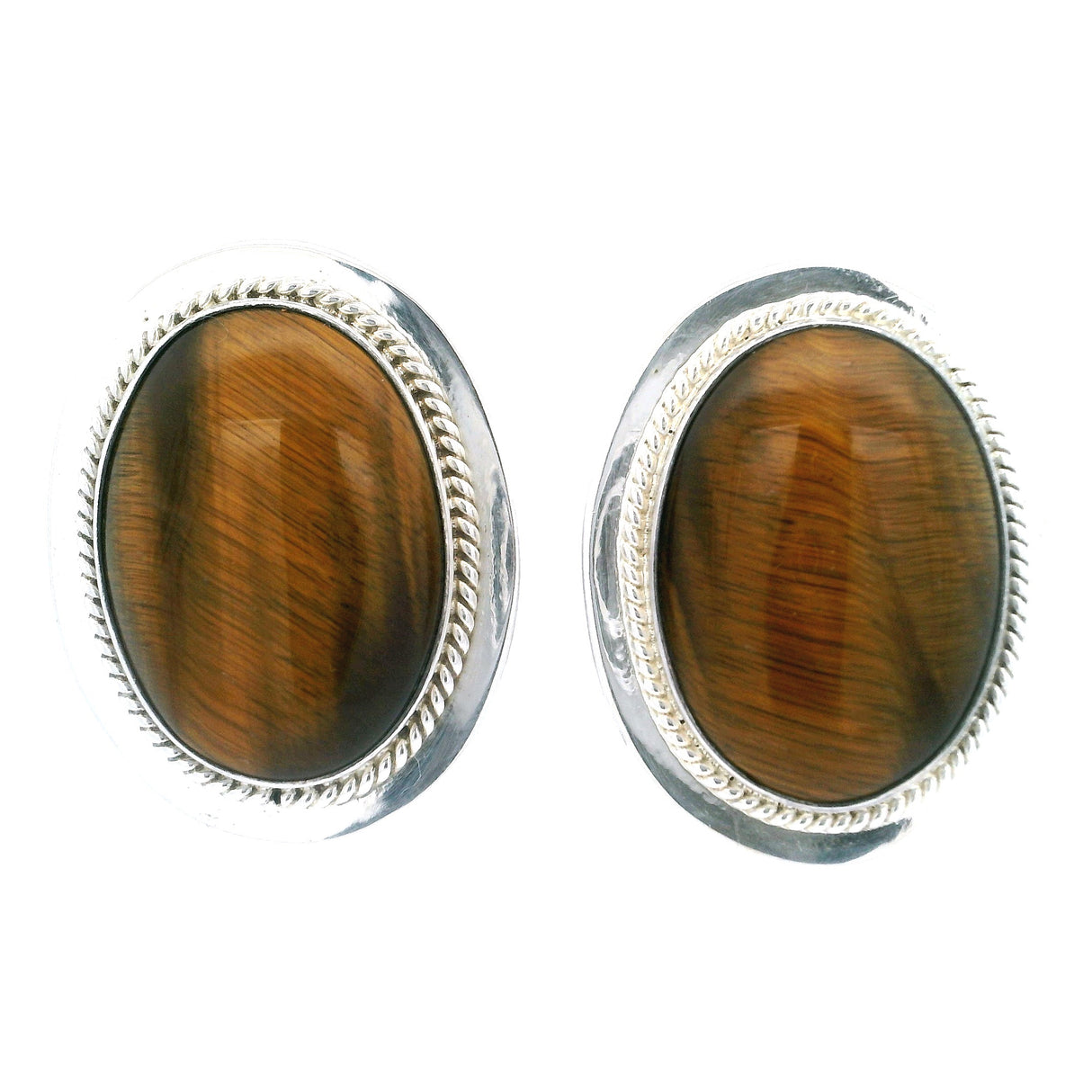 Tigers Eye Clip Earrings - Oval Cabochon With Silver Rope & Bezel Edge