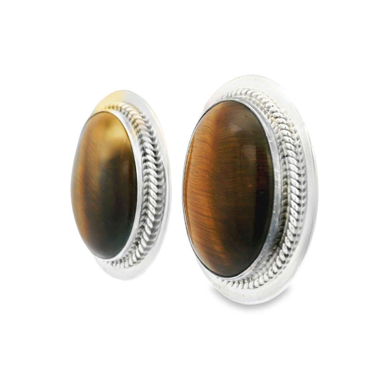 Tigers Eye Clip Earrings - Oval Cabochon With Silver Rope & Bezel Edge