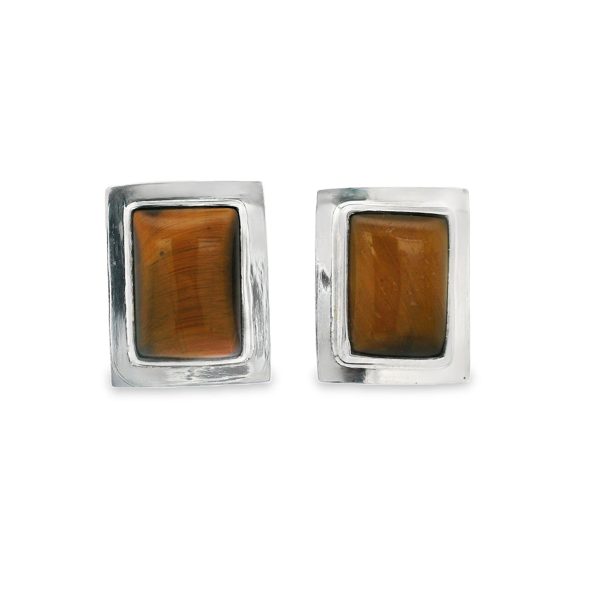 Tigers Eye Clip Earrings - Rectangle Cabochon With Silver Bezel Edge