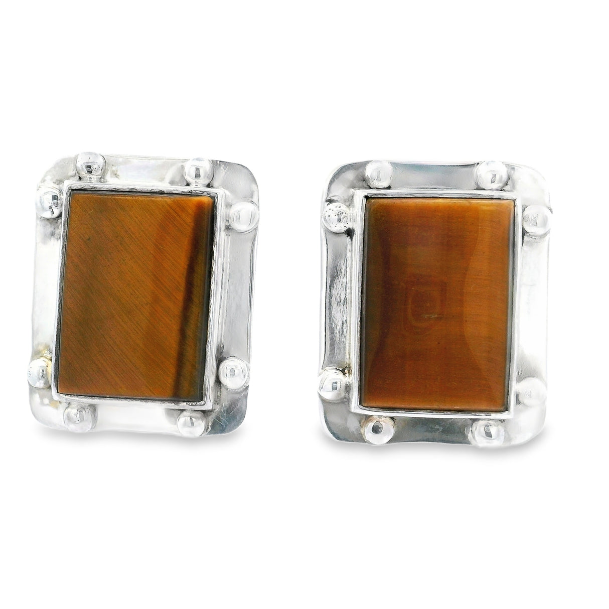 Tigers Eye Clip Earrings - Rectangle Cabochon With Silver Bezel Edge & Beads