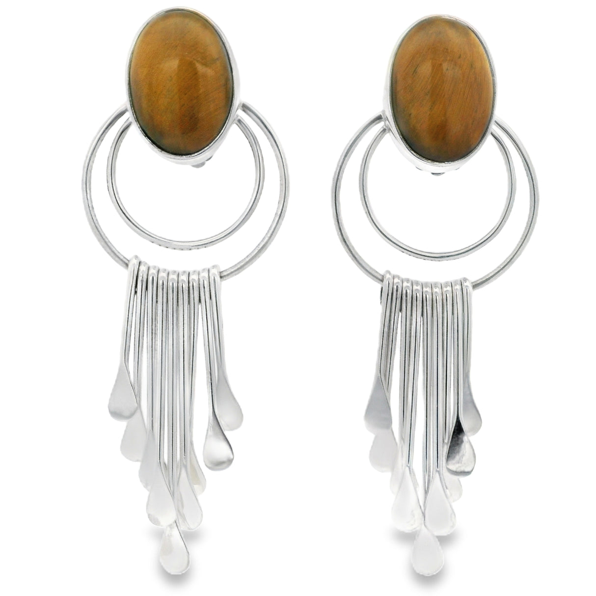 Tiger's Eye Clip Earrings - Oval Cabochon with Silver Tassels