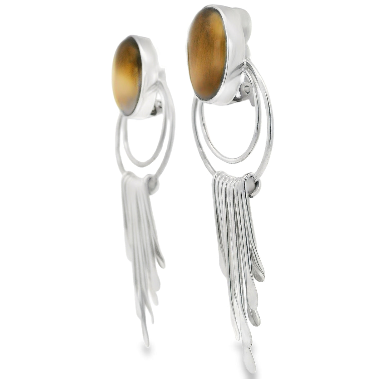 Tiger's Eye Clip Earrings - Oval Cabochon with Silver Tassels