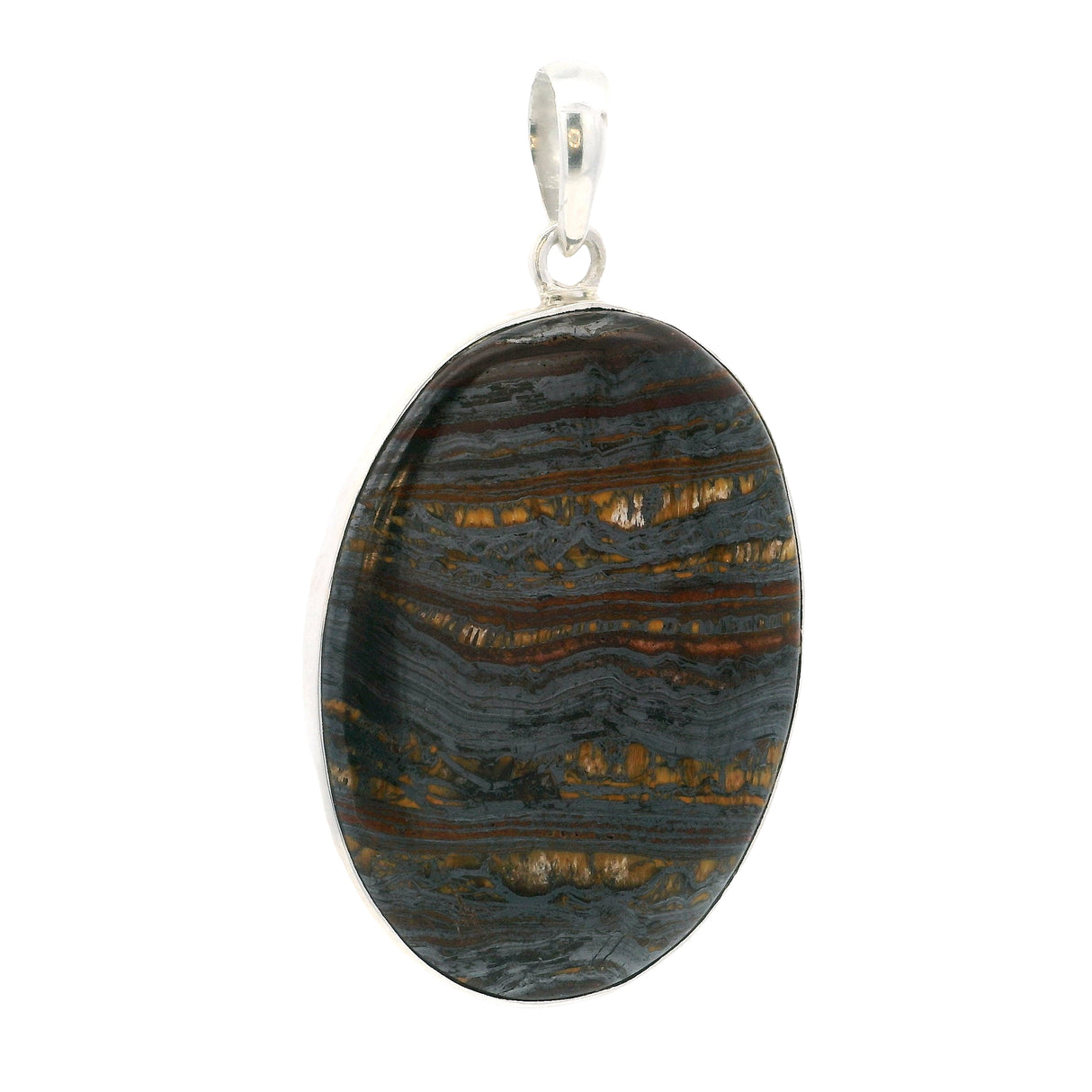 Pendentif ovale en œil de tigre avec bandes horizontales et serti clos simple