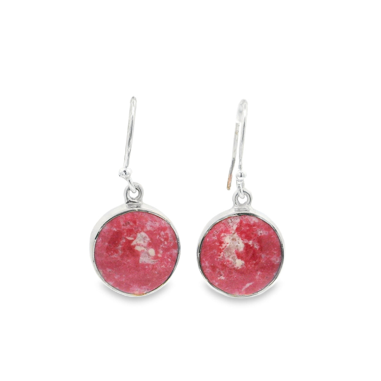 Thulite Cabochon Dangle Earrings - Simple Silver Bezel with Open Back
