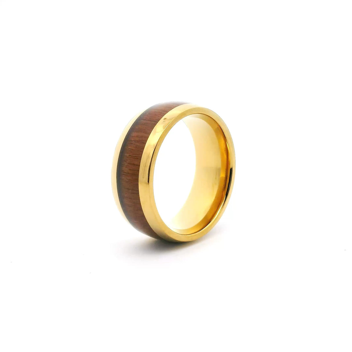 Titanium Ring 9mm Yellow Gold IP Plated with Hawaiian Koa Wood Inlay s8