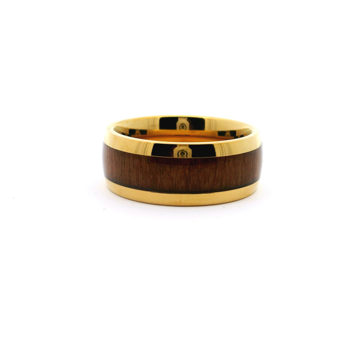Titanium Ring 9mm Yellow Gold IP Plated with Hawaiian Koa Wood Inlay s10