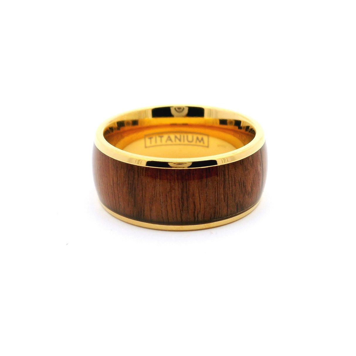 Titanium Ring 9mm Yellow Gold IP Plated with Hawaiian Koa Wood Inlay s8