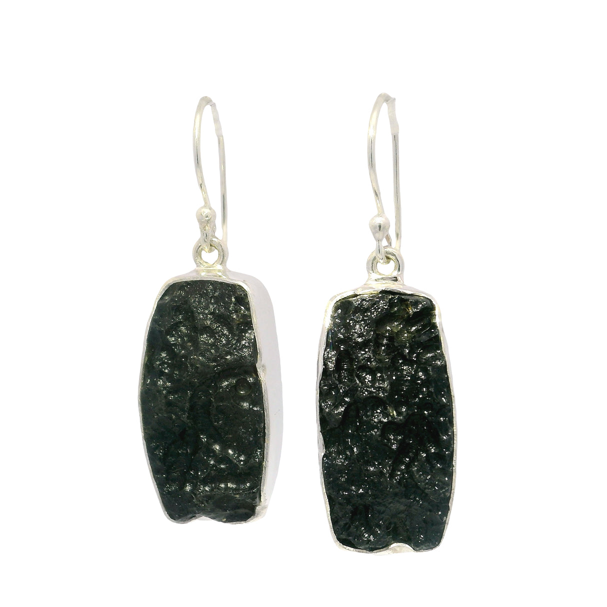Natural Black Tektite Rectangle Dangle Earrings in Simple Silver Bezel