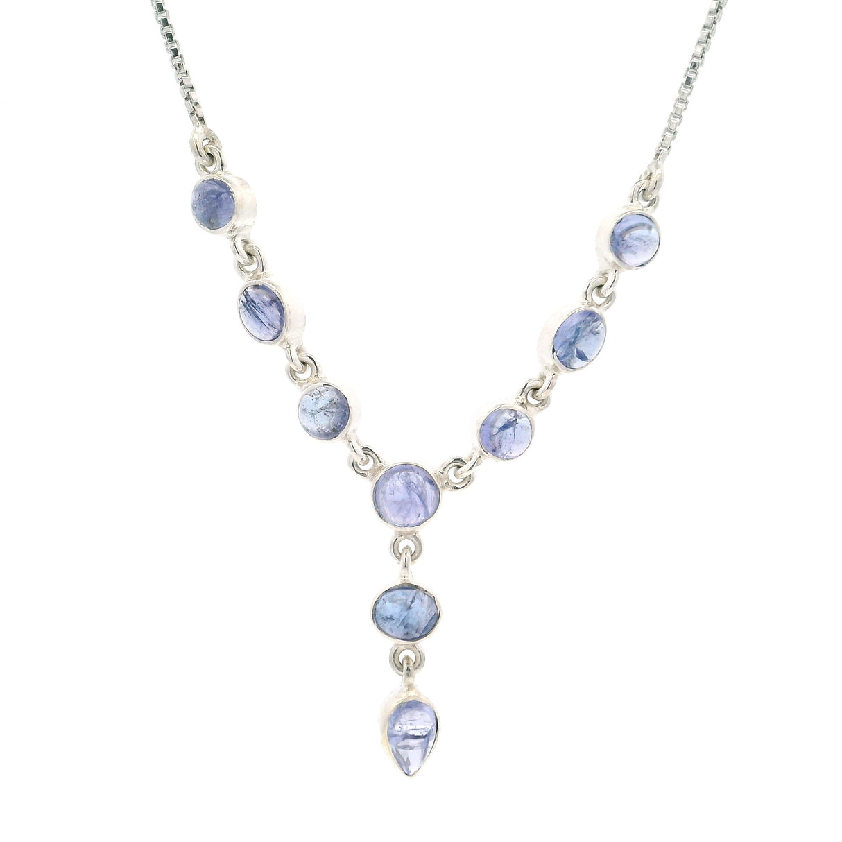 Tanzanite Y Design Cabochon Necklace on Box Chain with Stops at 15" thru 19"