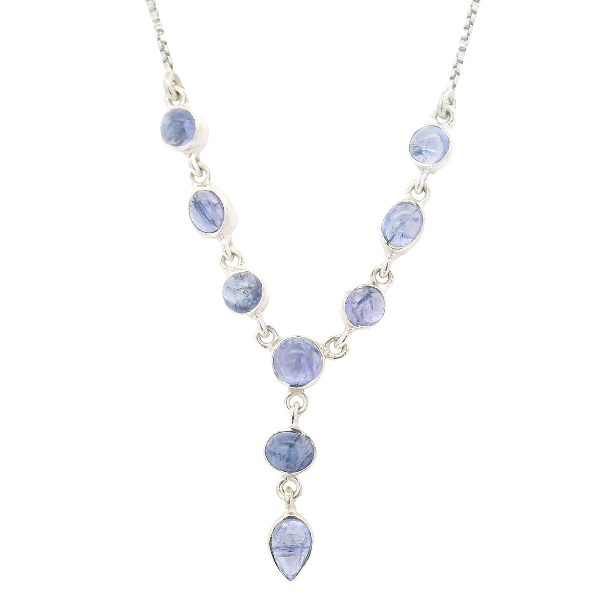Tanzanite Y Design Cabochon Necklace on Box Chain with Stops at 15" thru 19"