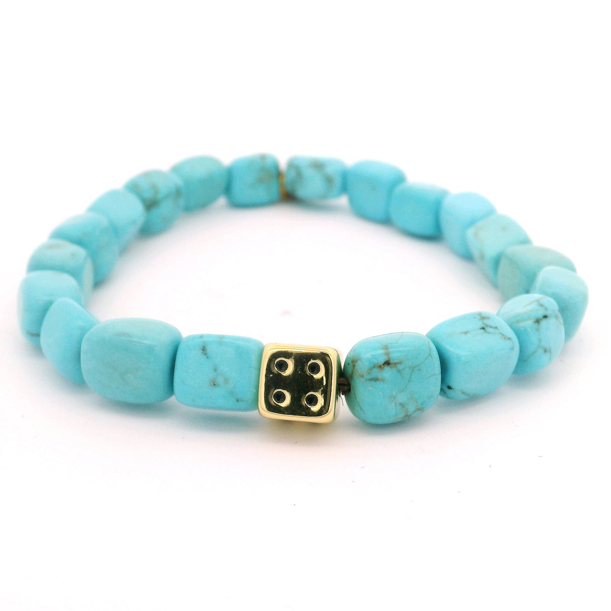 Howlite Turquoise Rectangular Beaded Bracelet with Gold Dice - 7"