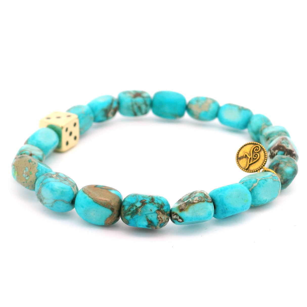 Kingman Howlite Turquoise Beaded Bracelet with Gold Dice