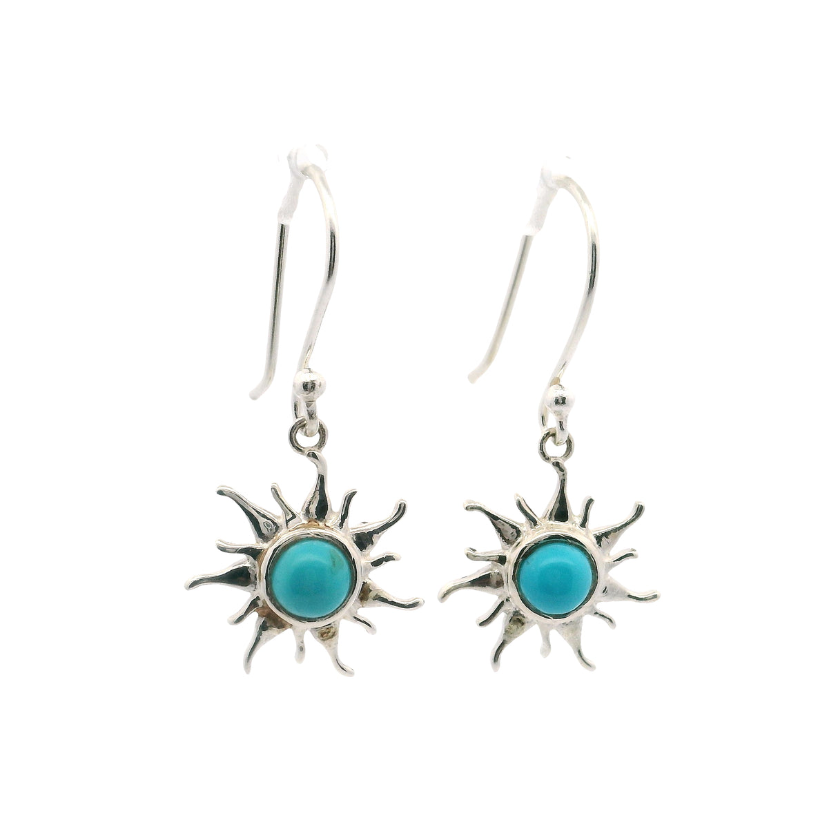 Turquoise Round Sun Dangle Earrings Bezel Set in 925 Sterling Silver