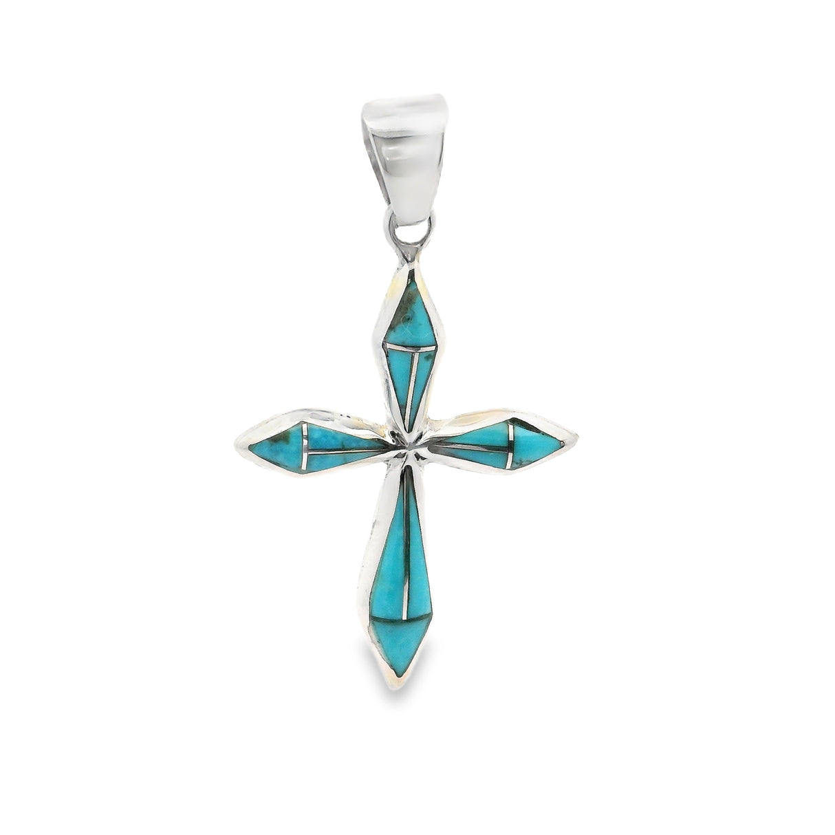 Turquoise Inlay Cross Pendant - Geometric Inlay Set in Dainty 925 Sterling Silver Cross with Tapered Arms
