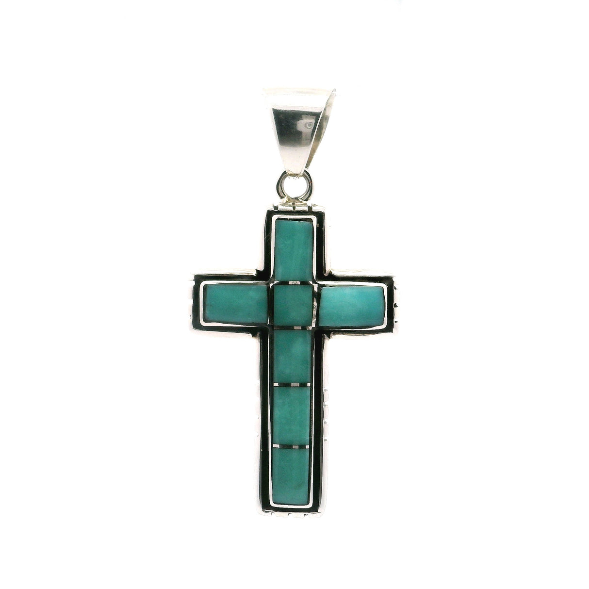 Turquoise Inlay Cross Pendant with Simple Inlay & 925 Sterling Silver Channeling & Oxidized Edge with Stamping Details