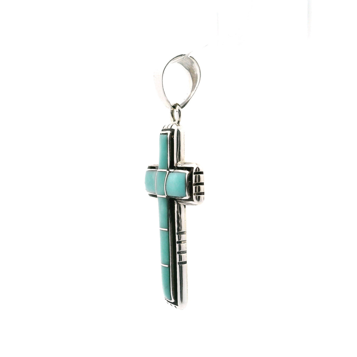 Turquoise Inlay Cross Pendant with Simple Inlay & 925 Sterling Silver Channeling & Oxidized Edge with Stamping Details