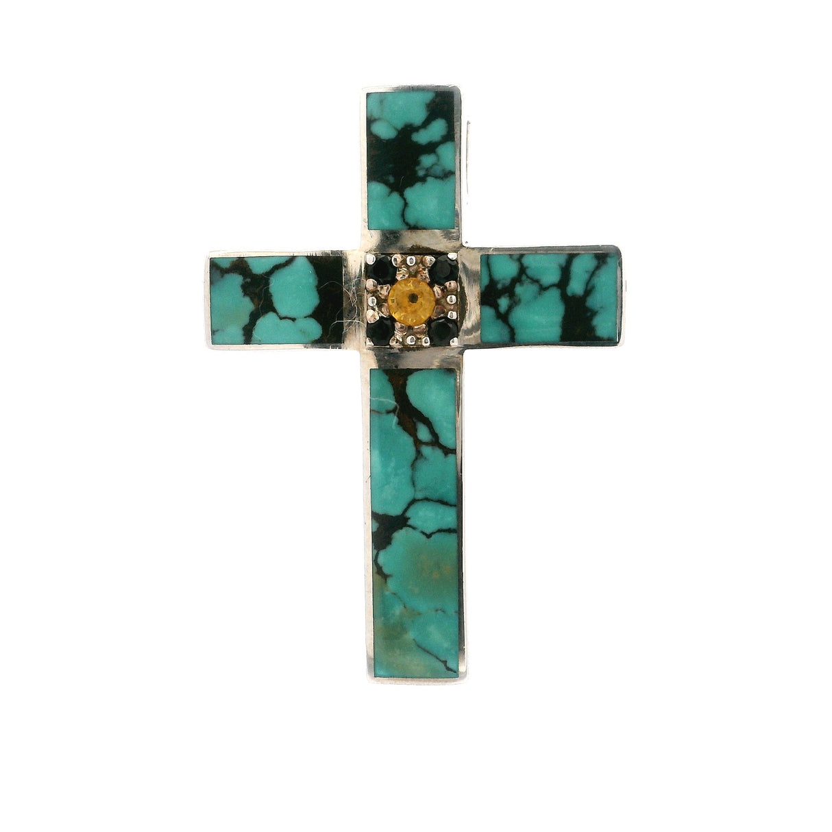 Chinese Turquoise Cross Pendant With Black And Yellow Sapphires In Center