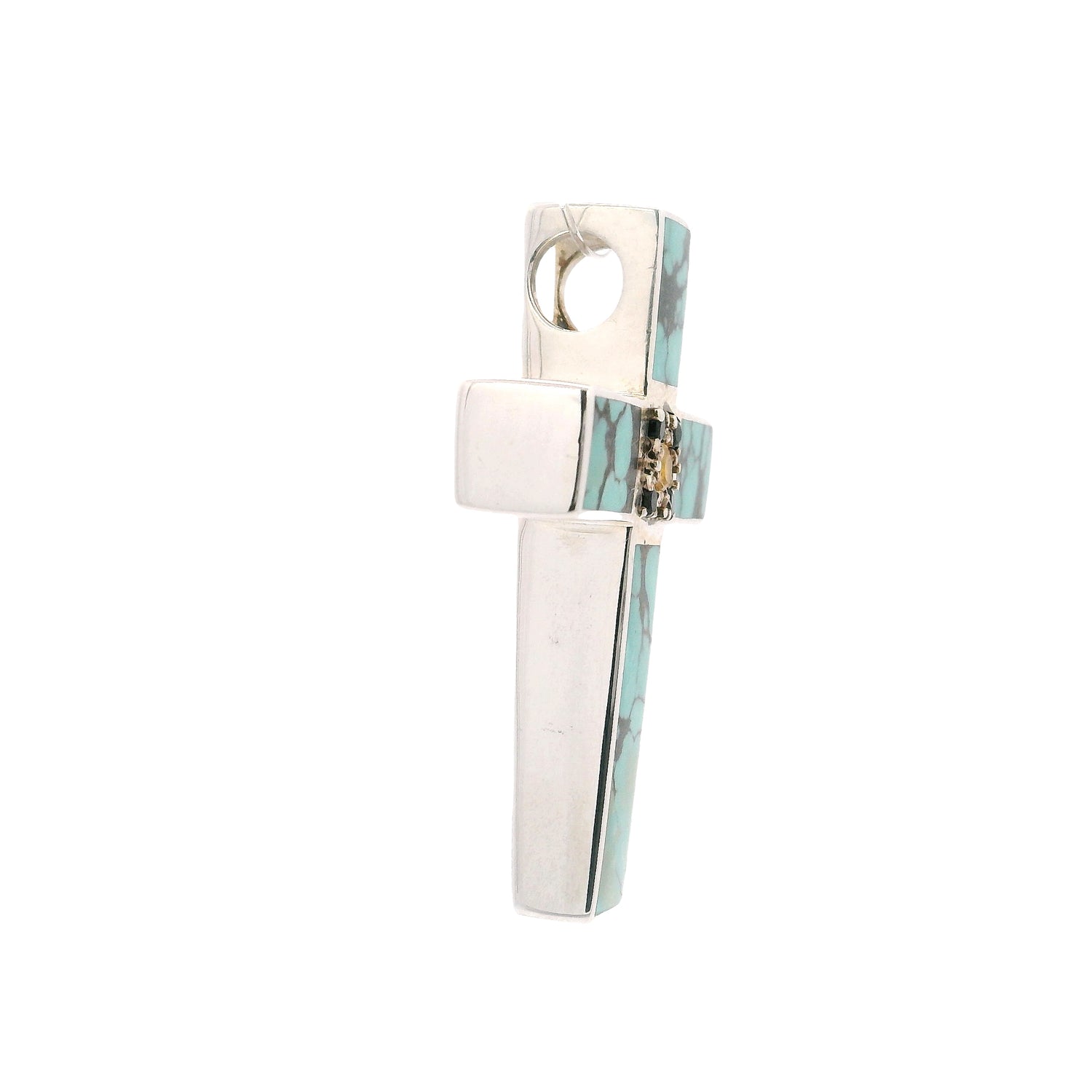 Chinese Turquoise Cross Pendant With Black And Yellow Sapphires In Center