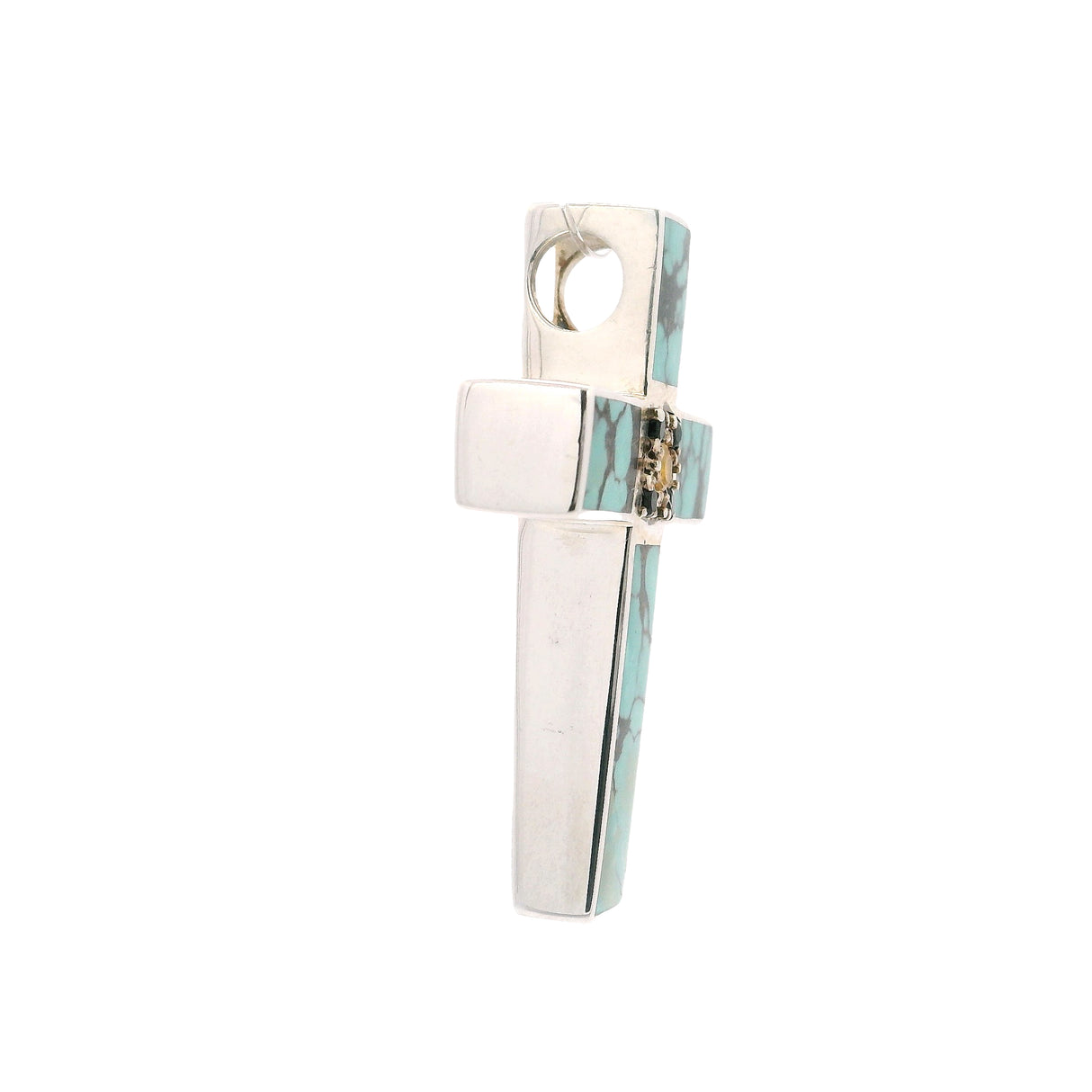Chinese Turquoise Cross Pendant With Black And Yellow Sapphires In Center