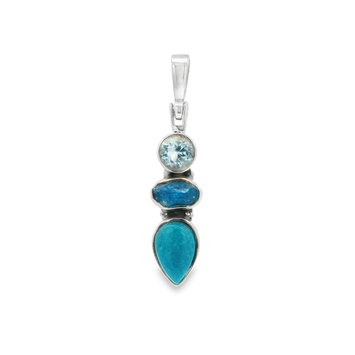 Mexican Turquoise Pendant - Reverse Pear Cabochon with Faceted Blue Topaz Rough & Blue Apatite Nugget - 925 Sterling Silver Bezels