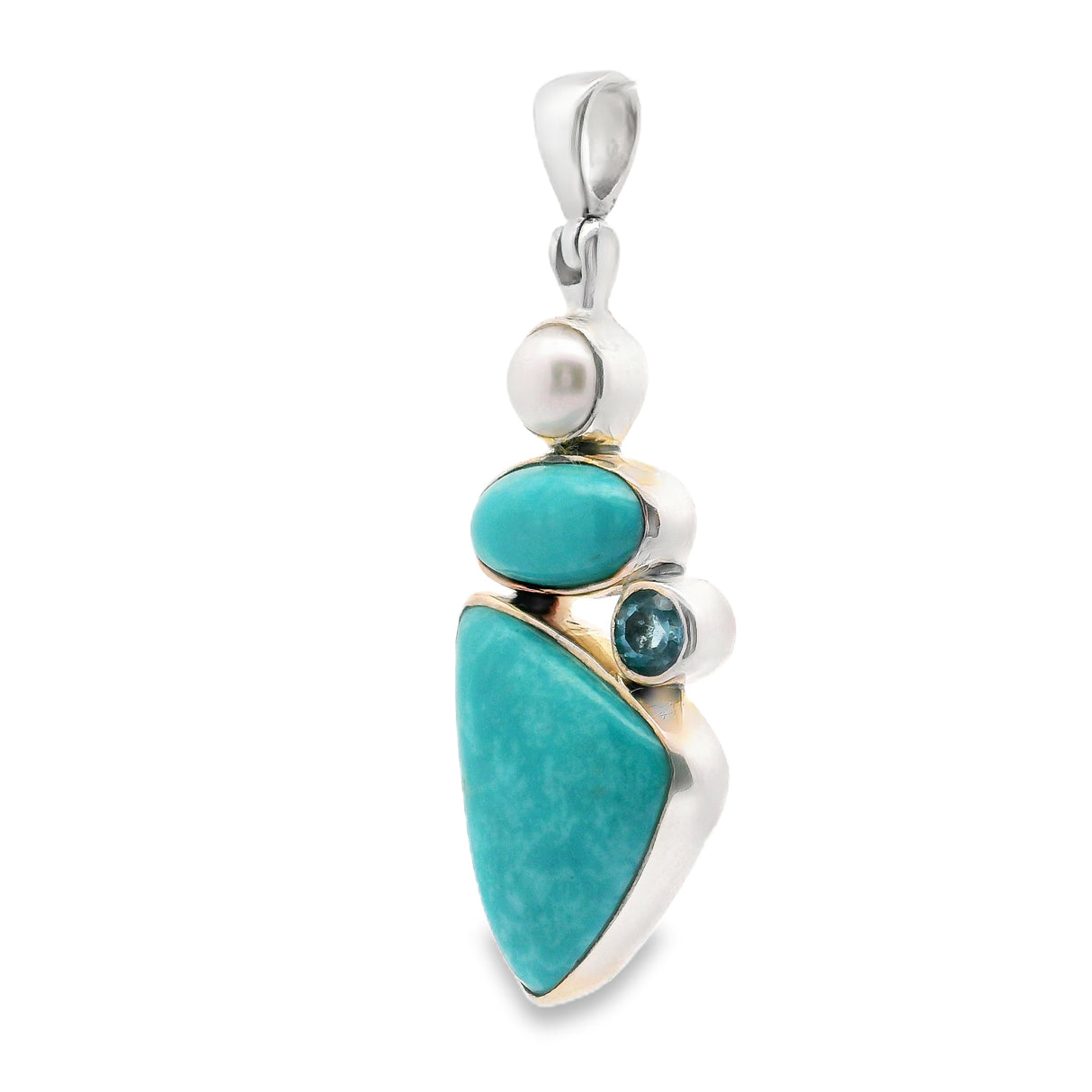 Mexican Turquoise Pendant - Freeform & Oval Cabochon with Freshwater Pearl & Faceted Blue Topaz Round Set in 925 Sterling Silver Bezels