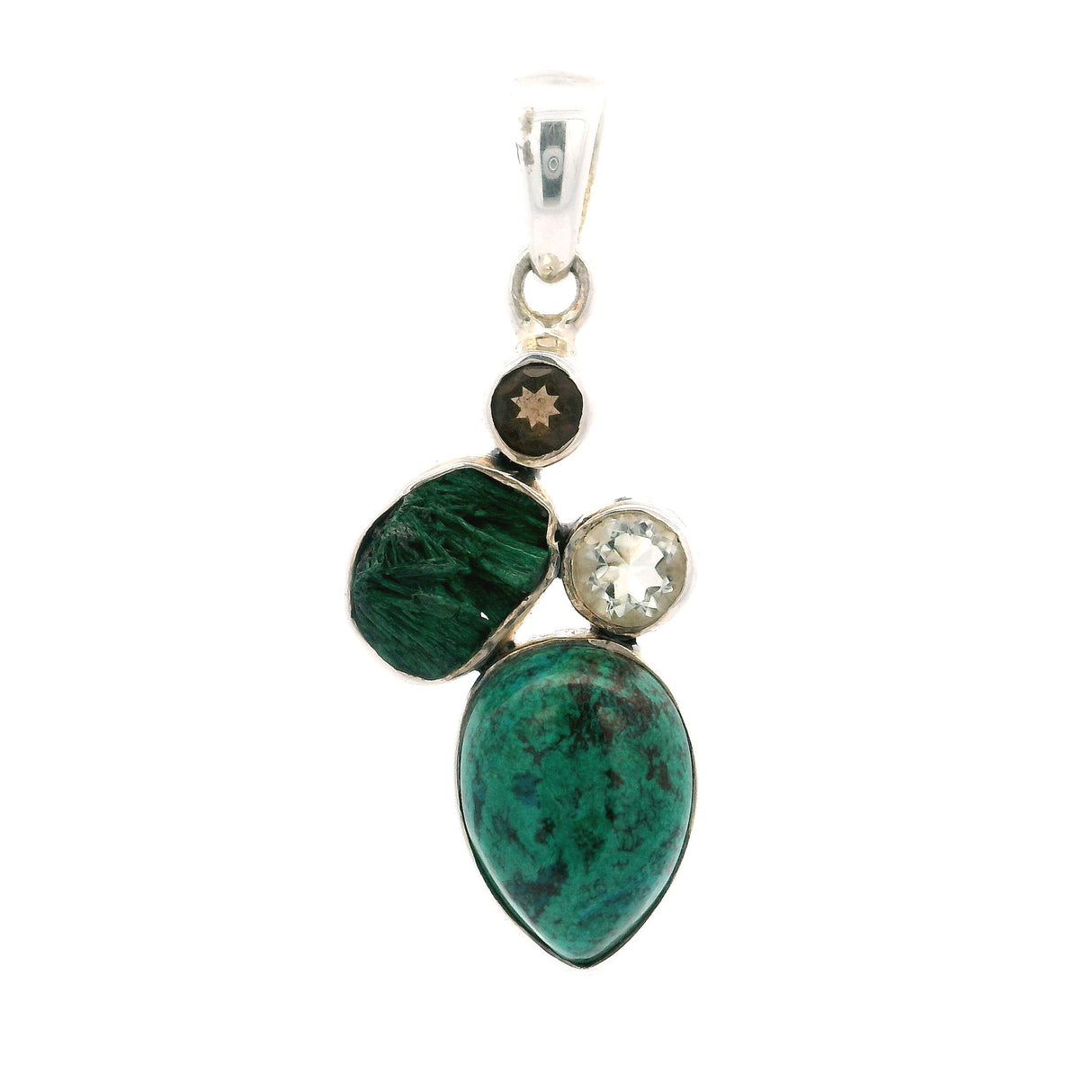 Turquoise Pendant from Tibet - Dainty Reverse Pear with Chatoyant Malachite Freeform & Faceted Prasiolite & Smoky Quartz Rounds - Set in 925 Sterling Silver