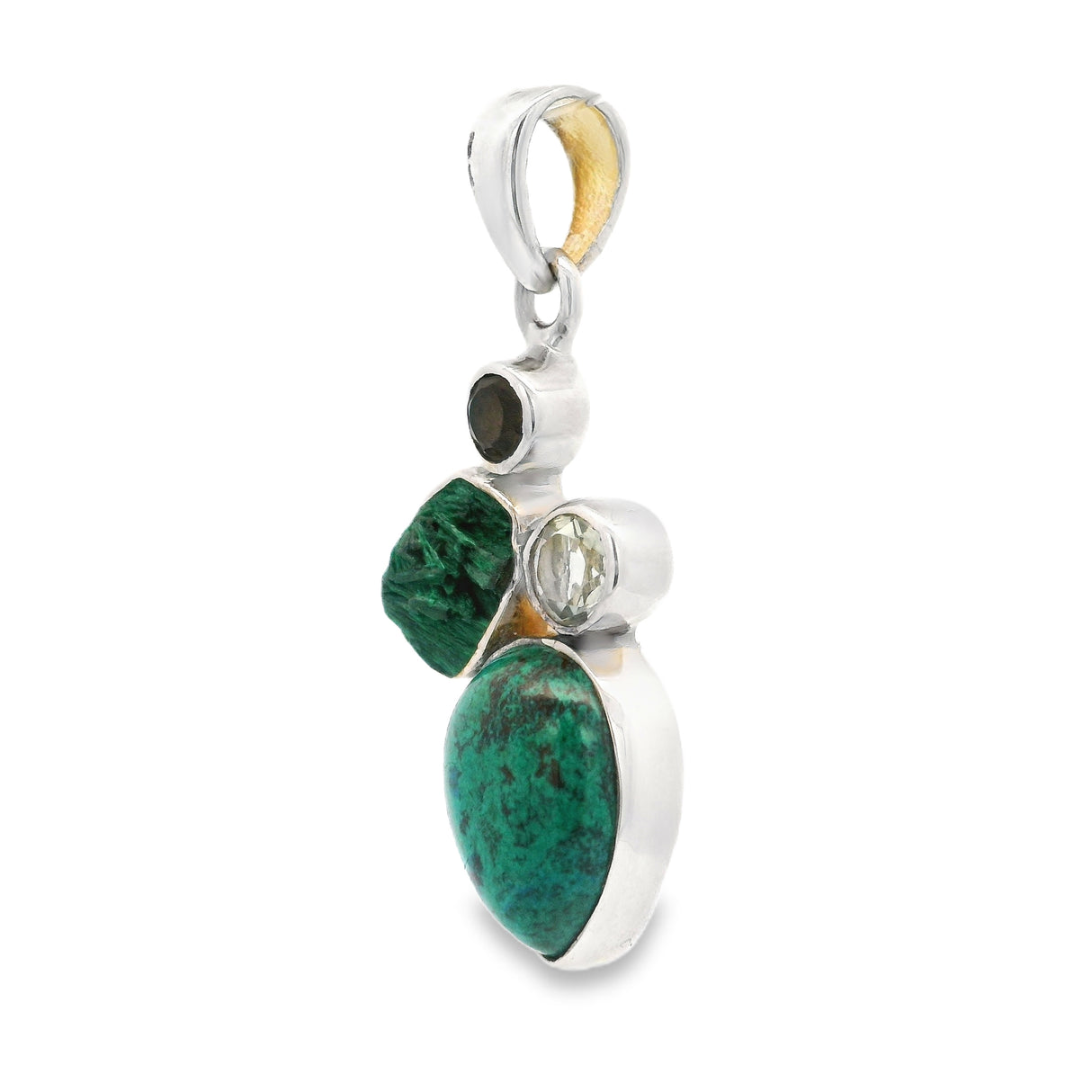 Turquoise Pendant from Tibet - Dainty Reverse Pear with Chatoyant Malachite Freeform & Faceted Prasiolite & Smoky Quartz Rounds - Set in 925 Sterling Silver