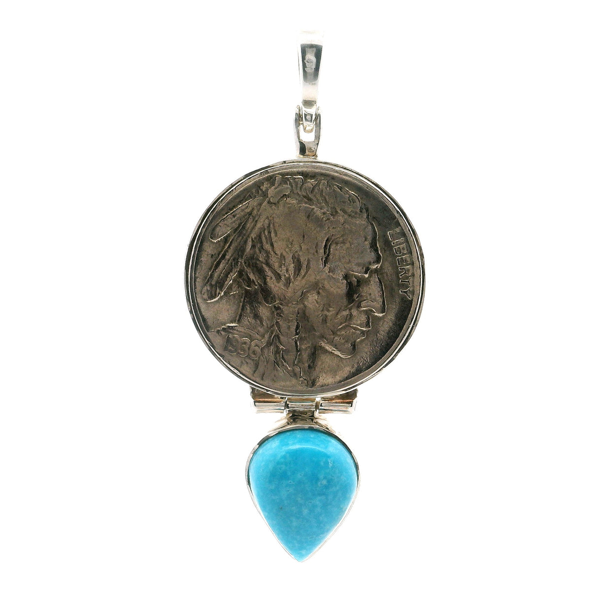 Kingman Turquoise Pendant with Coin - Reverse Pear Cabochon with 925 Sterling Silver Bezel & Coin Set Above