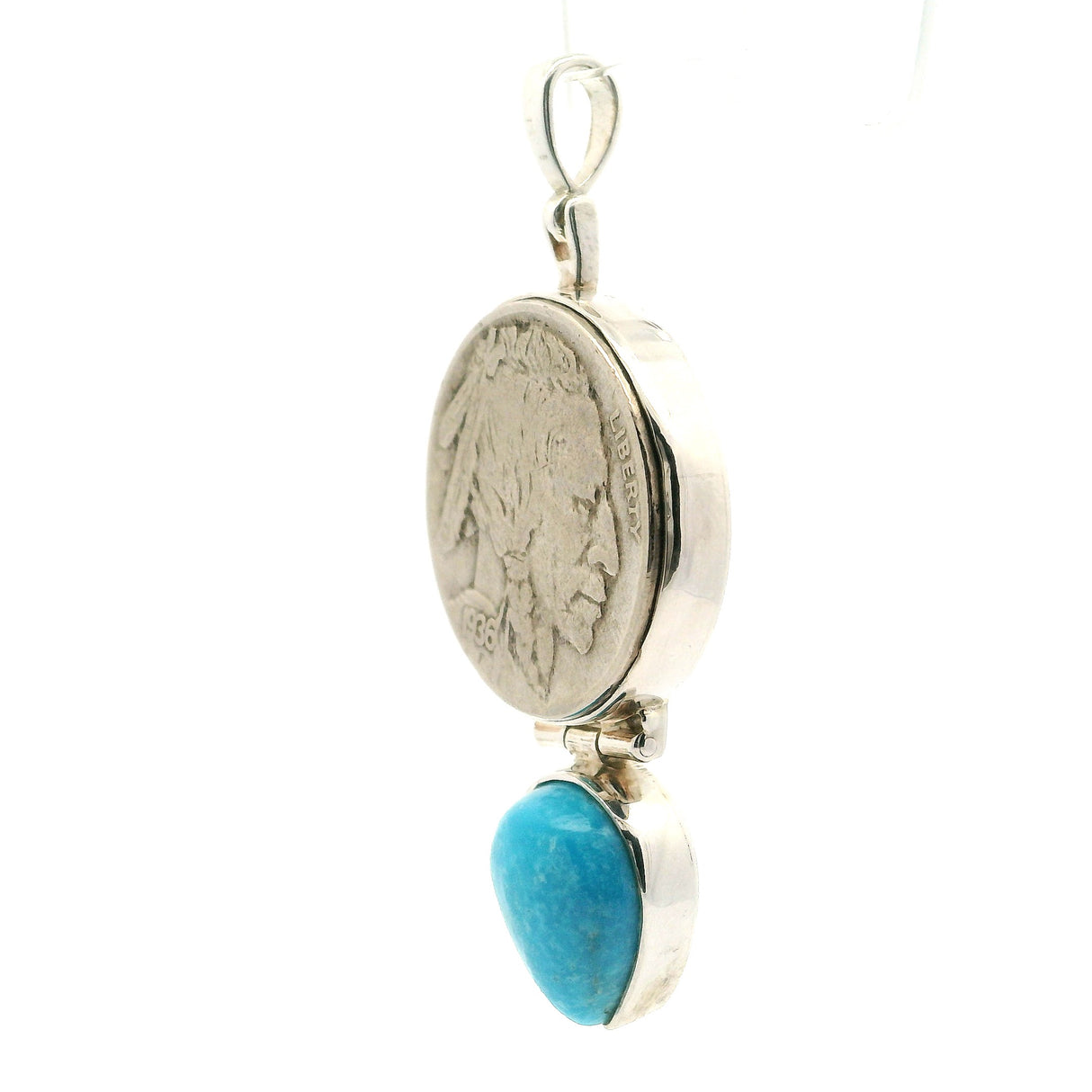 Kingman Turquoise Pendant with Coin - Reverse Pear Cabochon with 925 Sterling Silver Bezel & Coin Set Above