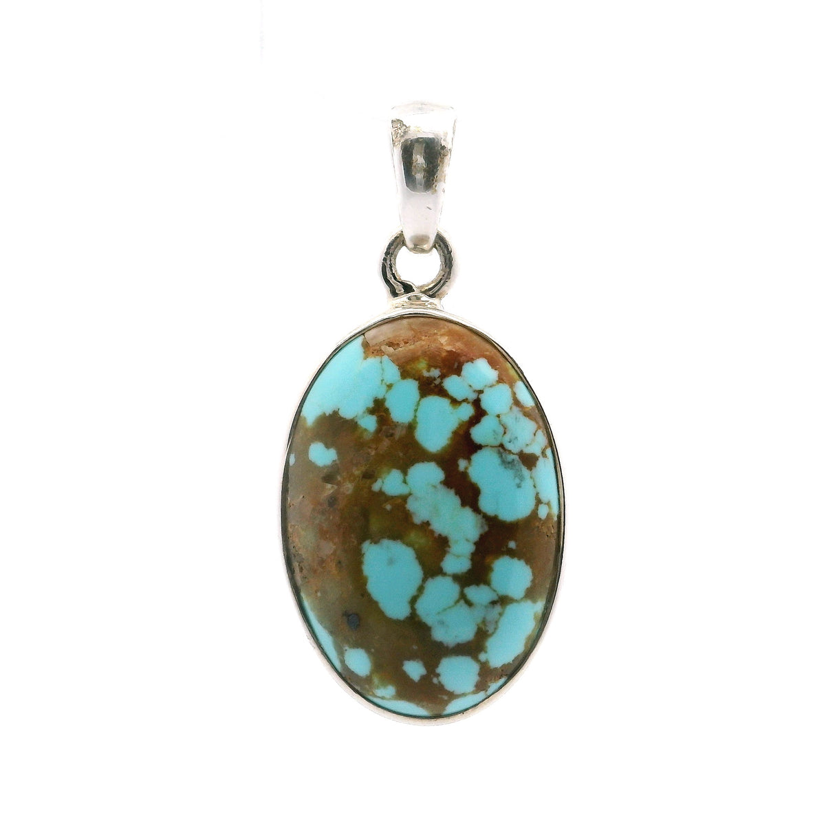 Santa Fe Turquoise Pendant - Oval Cabochon Set in Simple 925 Sterling Silver Bezel - Bright Robins Egg Blue with Tawny Brown Veining