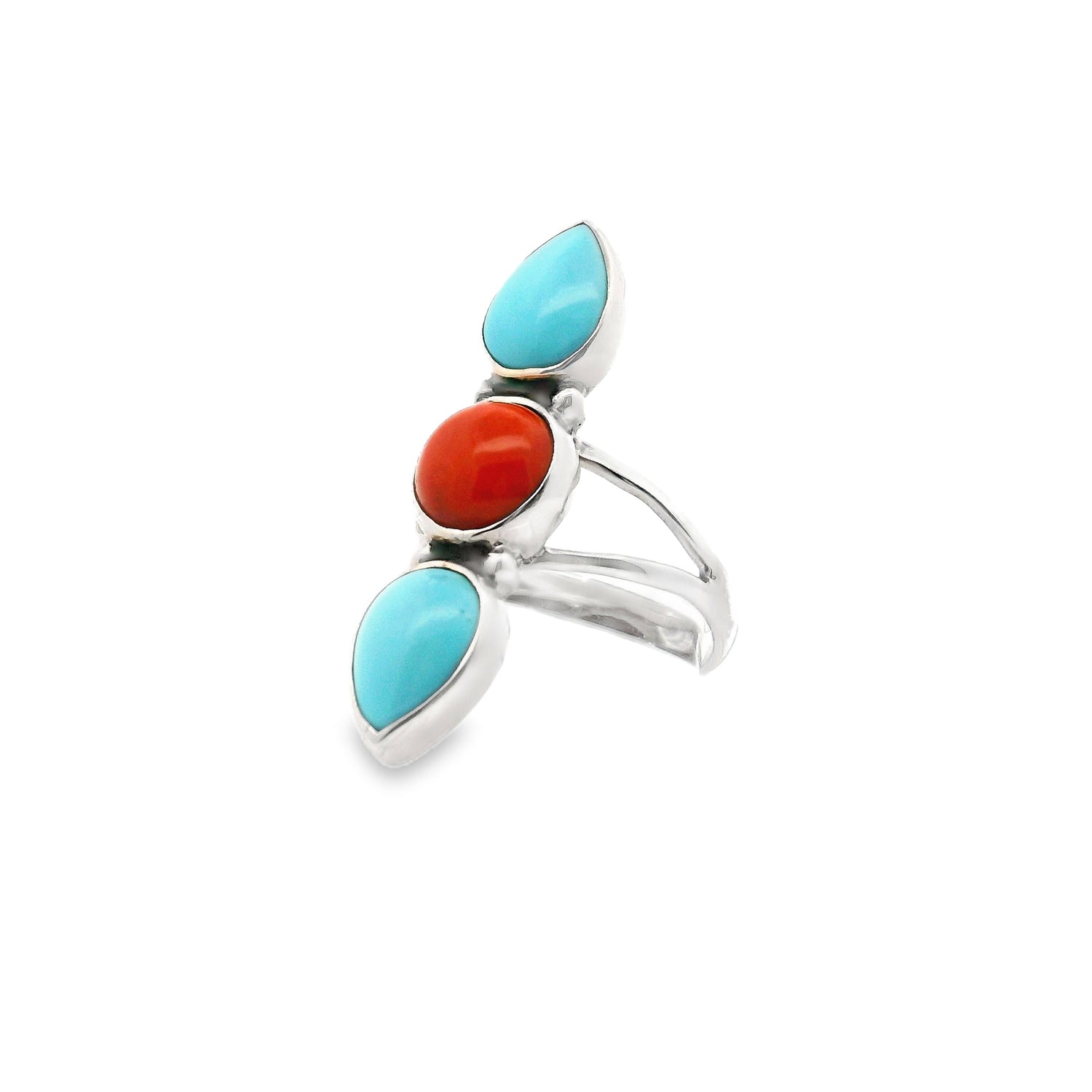 Mexican Turquoise Ring  - 2 Pear Cabochons with Round Red Coral Cabochon in Center Set in 925 Sterling Silver Bezel & Dainty Open Top Band sz6