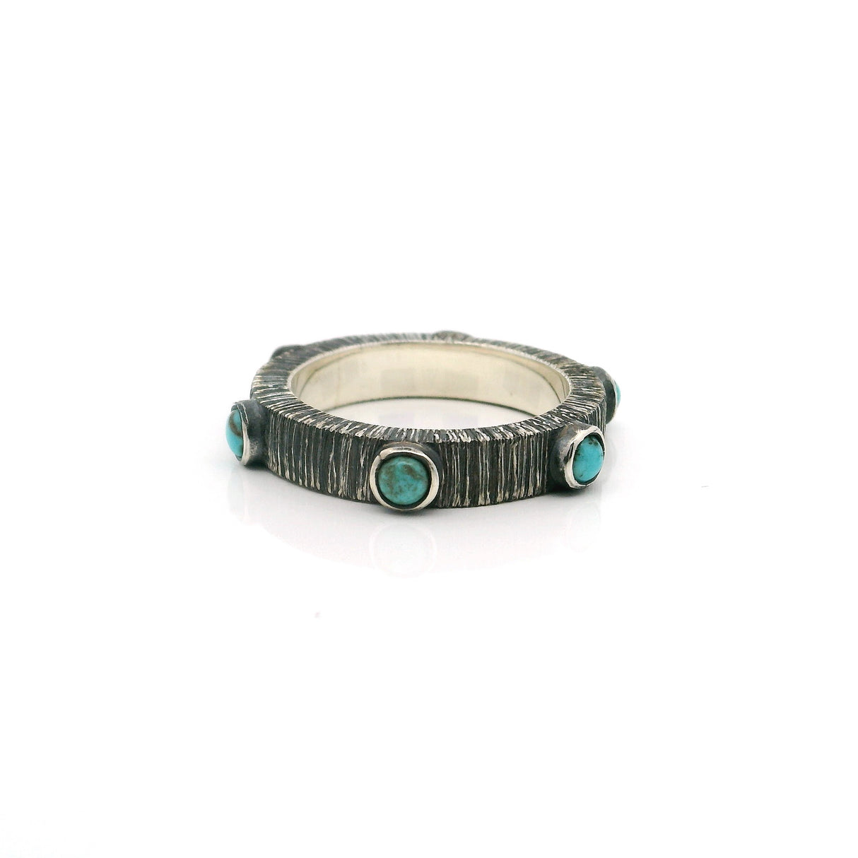 Turquoise Ring with 6 Rounds Cabochon All Around Bezel Set in Oxidized 925 Sterling Silver Band