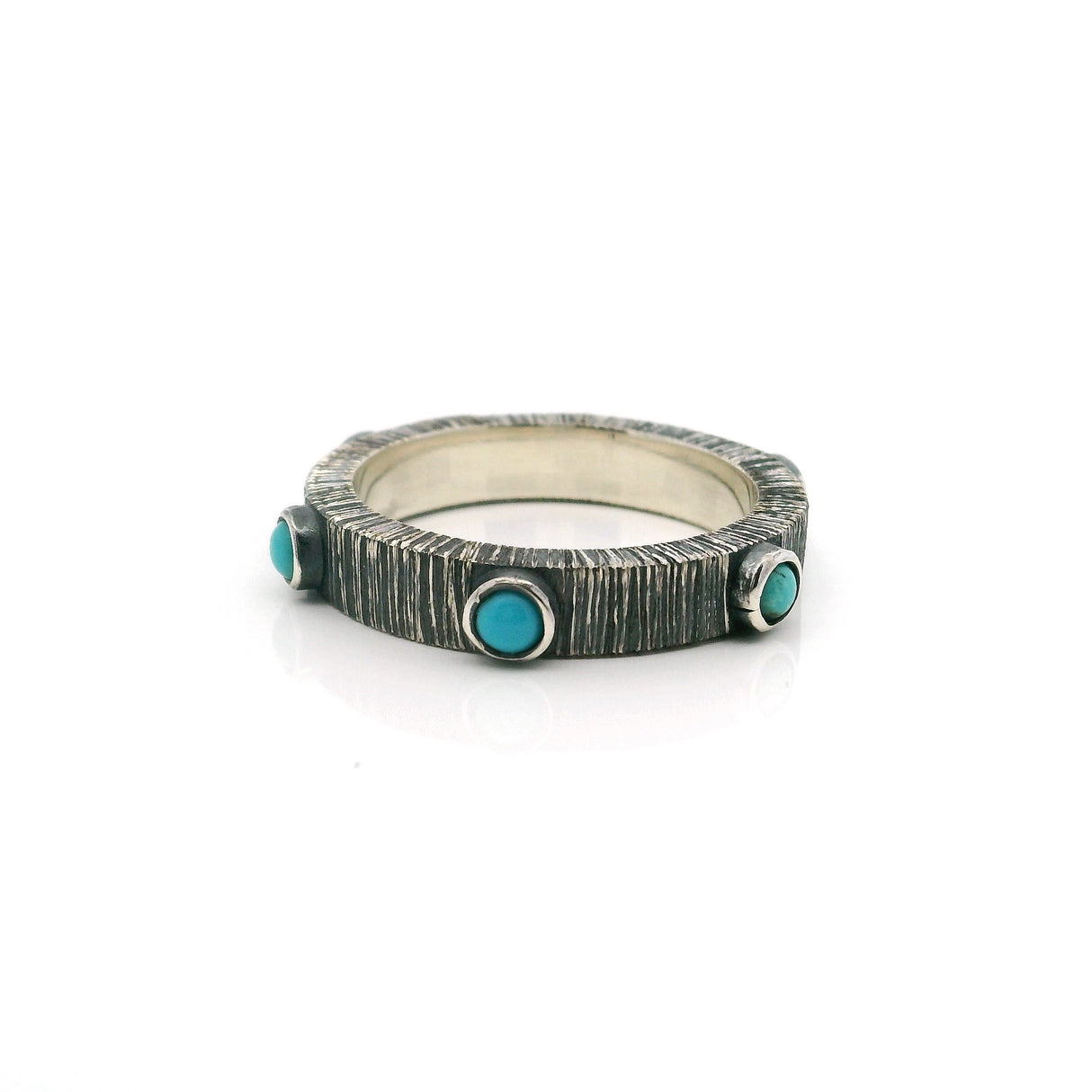 Turquoise Ring with 6 Rounds Cabochon All Around Bezel Set in Oxidized 925 Sterling Silver Band