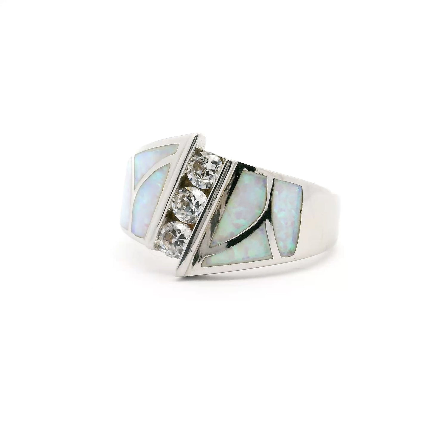 White Opal Inlay Art Deco Ring with 3 White Czs Stacked Sz9