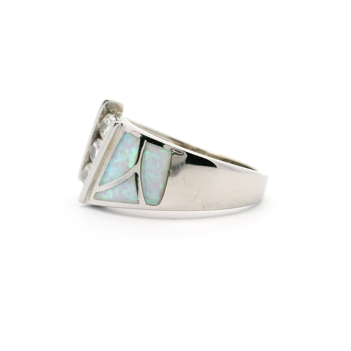 White Opal Inlay Art Deco Ring with 3 White Czs Stacked Sz9
