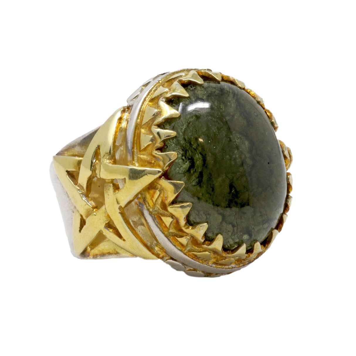 Moldavite Ring Size 9 -Cabochon in Star Band with 22k Overlay