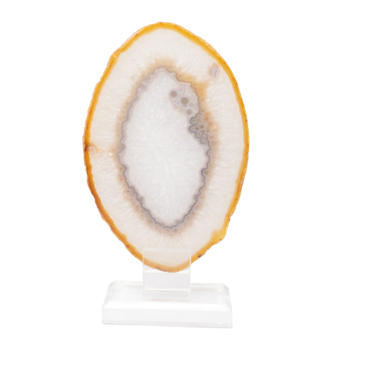 Carnelian Agate Druze Slice On Acrylic Screw Stand - Gray Tubular Inclusions with Double Banded Quartz