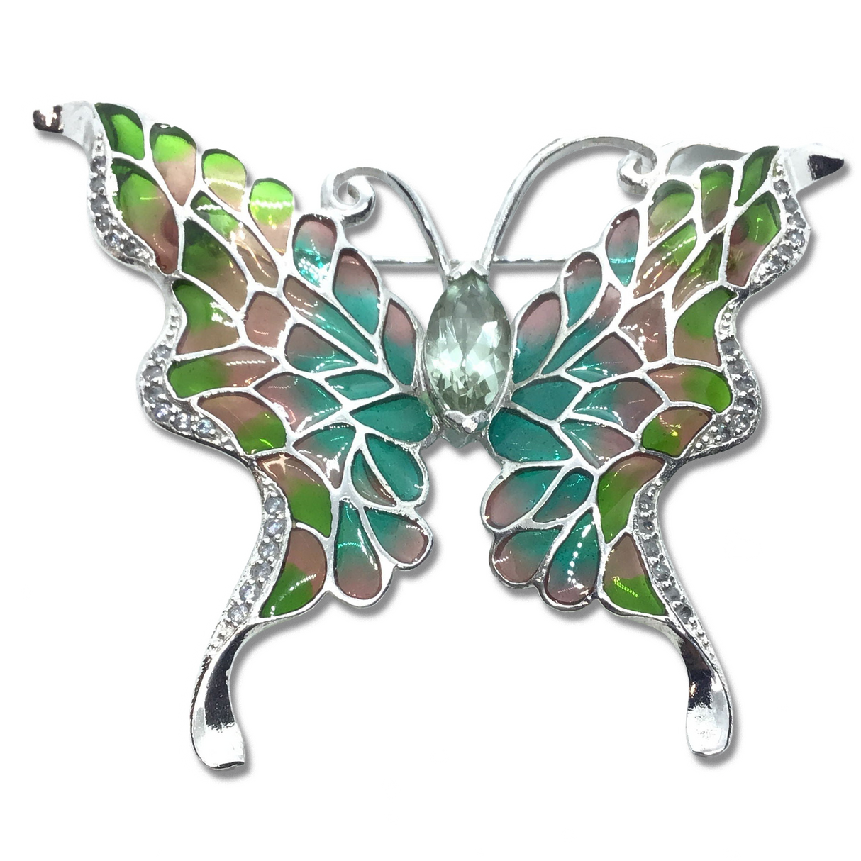 Prasiolite On Teal/pink/green Enamel Butterfly Brooch Pendant